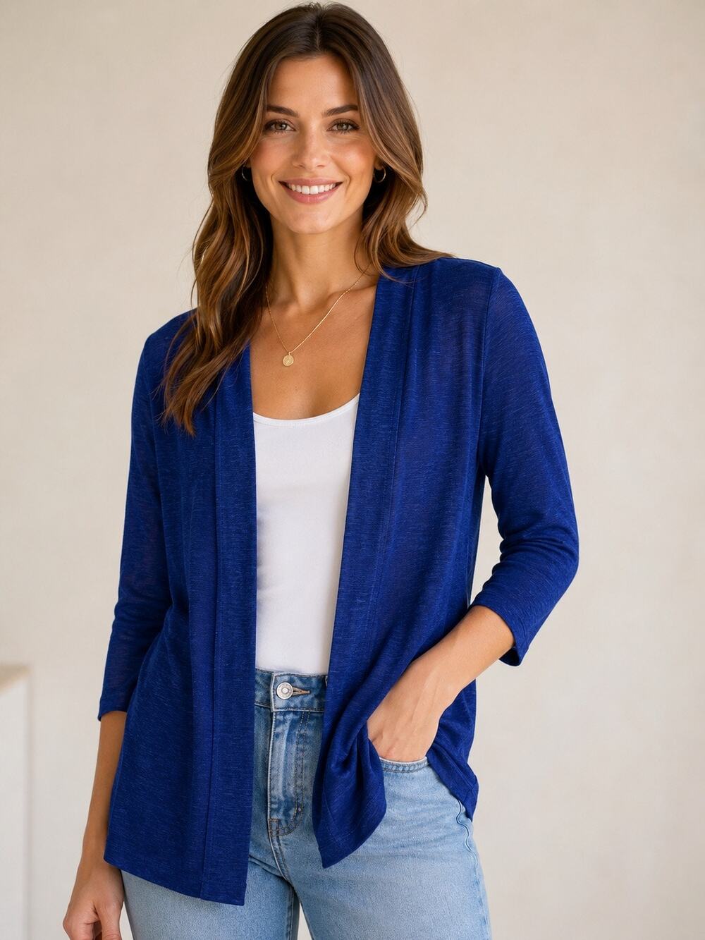 Women’s Blue Linen Open Front Cardigan Sigrid Olsen Size M NWT 3/4 Sleeve